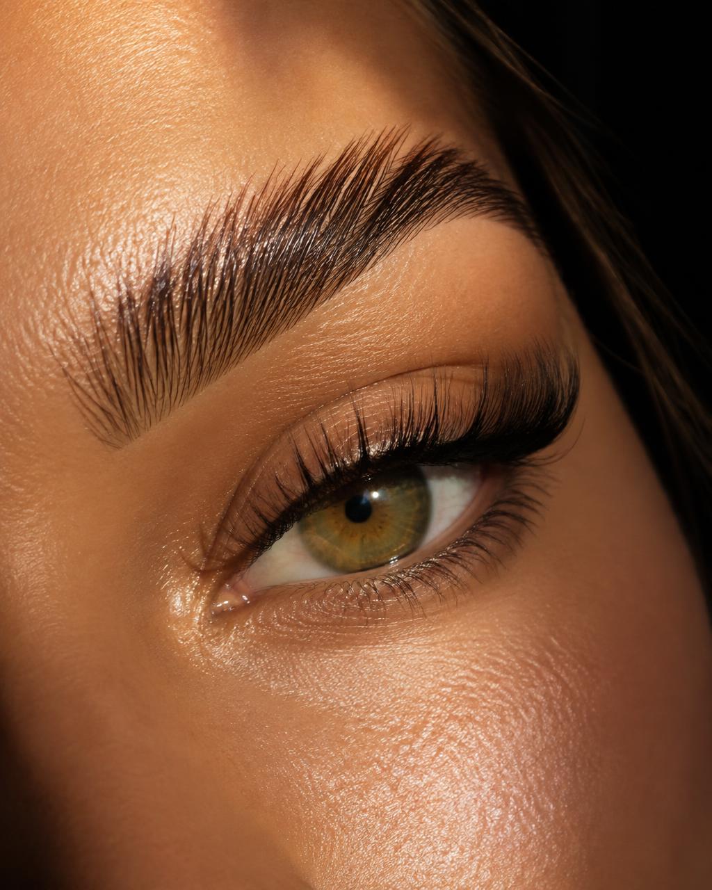 Close-up of a fluffy, laminated eyebrow above a green eye