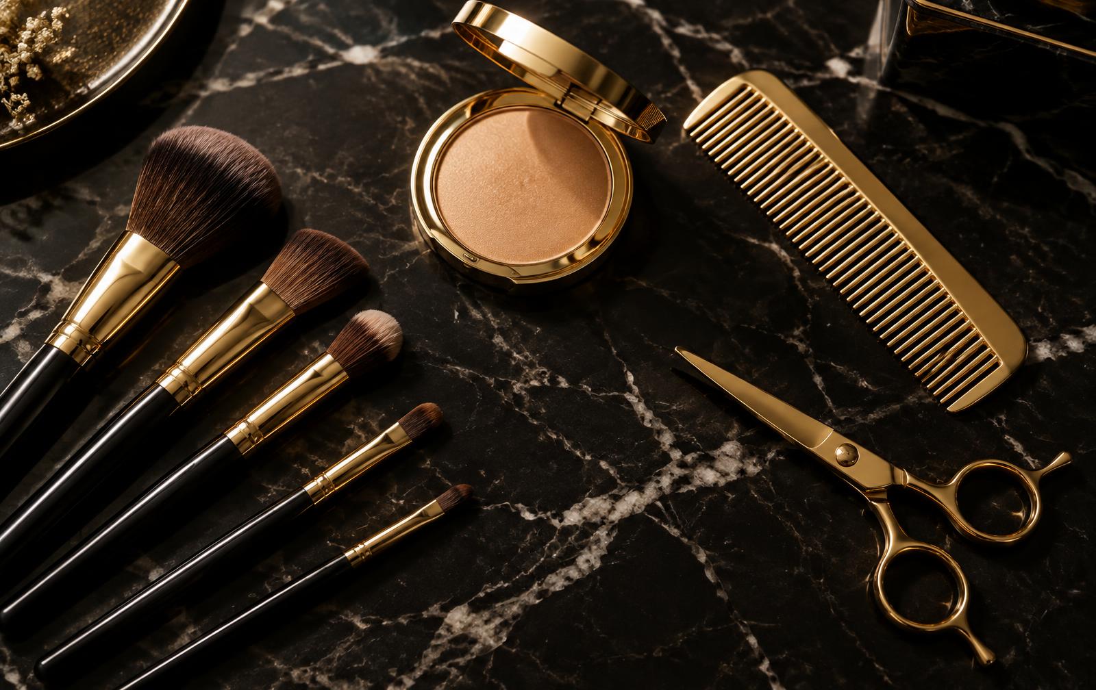 Makeup brushes, a gold compact, comb and scissors on black marble
