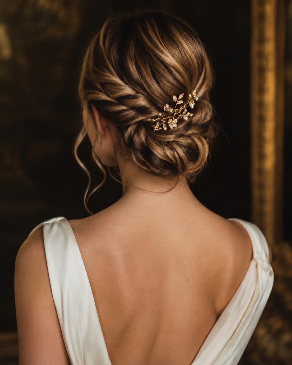 Romantic twisted bridal updo with a gold hair pin